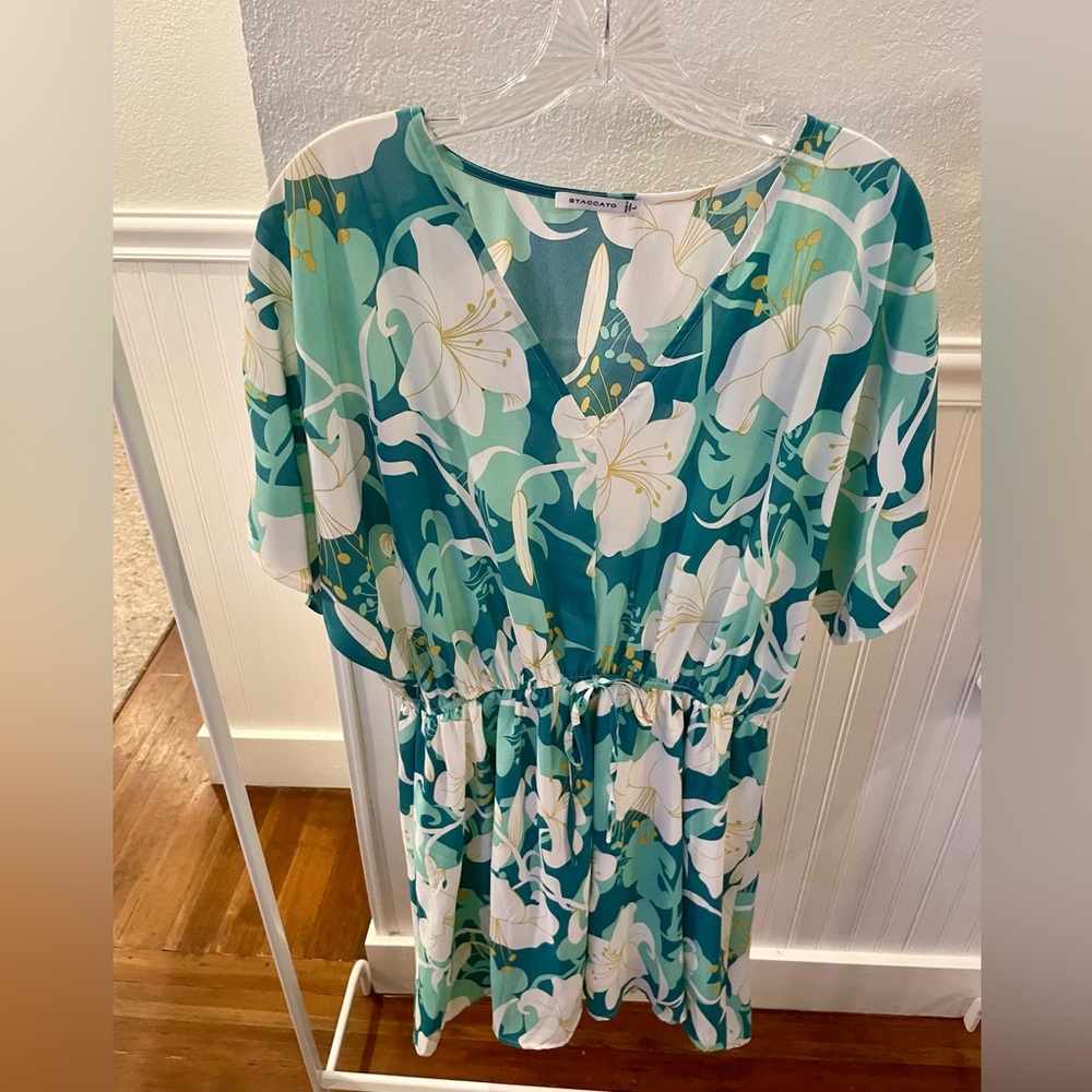 Floral midi dress - teal, aqua and white - Staccato - size Large